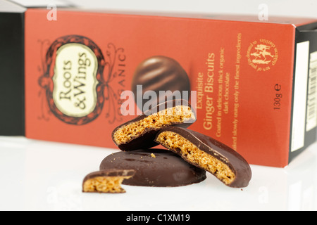 Box of Roots & Wings organic exquisite chocolate ginger biscuits Stock Photo