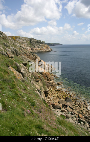 Cribba Head from Logan Rock, North Cornwall Coast Path, Near Land's End, Cornwall, UK. Stock Photo