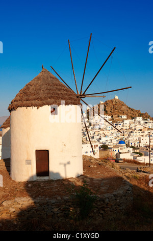 The Windmills overlooking Chora town. Ios Cylcades Islands, Greece. Stock Photo