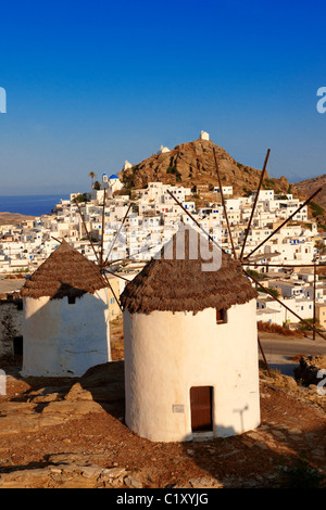 The Windmills overlooking Chora town. Ios Cylcades Islands, Greece. Stock Photo