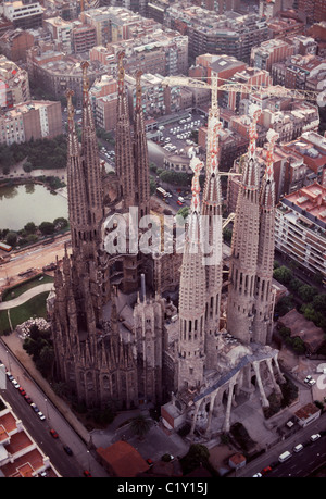 Aerial view over Sagrada Familia Cathedral in Barcelona Stock Photo