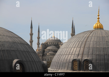 view from Hagia Sofia on over the roofs of the blue mosque in Istanbul Turkey Stock Photo