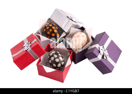 Easter chocolate Eggs in a present boxes Stock Photo