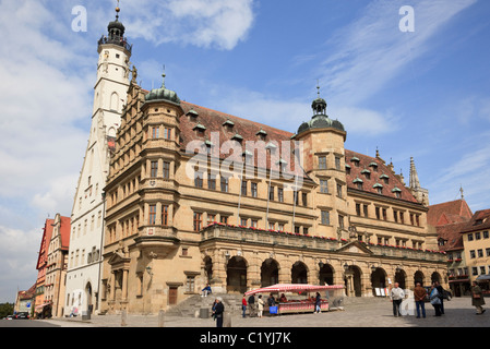 Marktplatz, Rothenburg Ob der Tauber, Bavaria, Germany. Renaissance and Gothic Town Hall (Rathaus) in Marketplace square Stock Photo