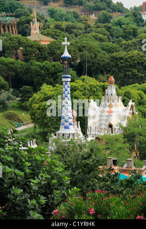 The landmark pavilions at the main entrance to Parc Guell, Barcelona, Spain. Stock Photo