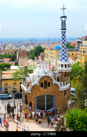 The left main building (pavilion) at the main entrance to Parc Guell, Barcelona, Spain. Stock Photo