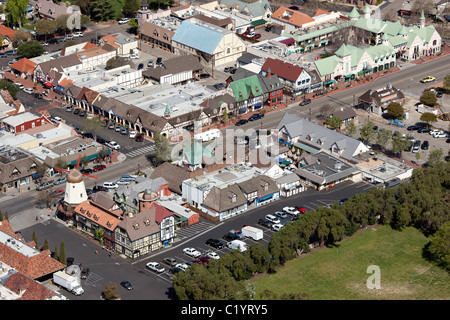 AERIAL VIEW. Town with Danish architecture founded by Danish settlers. Solvang, Santa Ynez Valley, Santa Barbara County, California, USA. Stock Photo