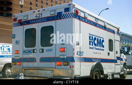 Paramedic emergency medical transport truck HCMC Hennepin County Medical Center. Minneapolis Minnesota MN USA Stock Photo