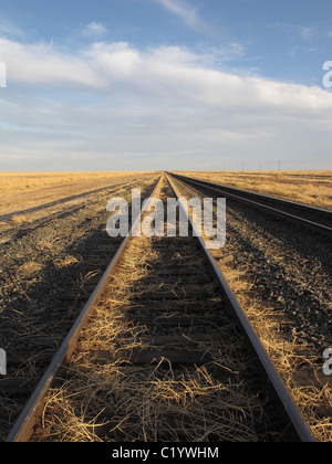 Railroad tracks and sky in West Texas, near Marfa, Texas Stock Photo