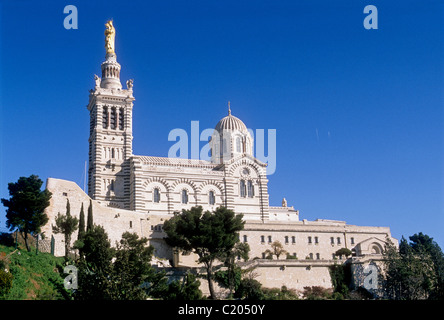 The Notre Dame de la Garde built in the 19th century is 150 meters hilltop perched Stock Photo