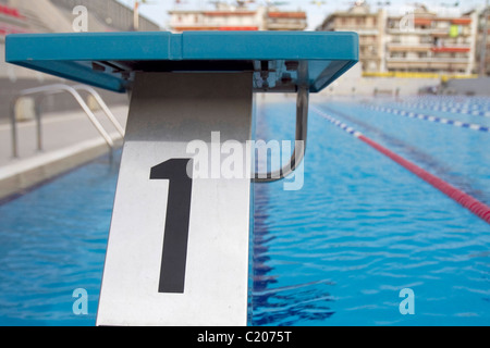 Starting platforms with numbers for swimming races Stock Photo