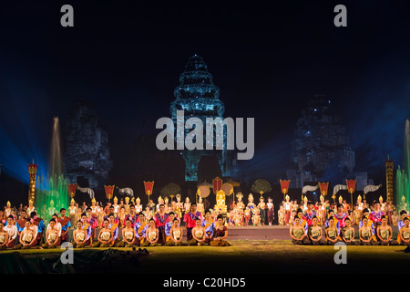 Sound and light show drama at the Khmer temple of Prasat Phimai.  Phimai, Nakhon Ratchasima province, THAILAND Stock Photo