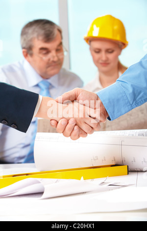 Image of customer and architect handshaking after making an agreement Stock Photo