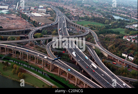 Spaghetti Junction of the M6 at Birmingham looking northwards in 1996. M6 motorway motorways intersection aerial view elevated section road highway Britain Uk