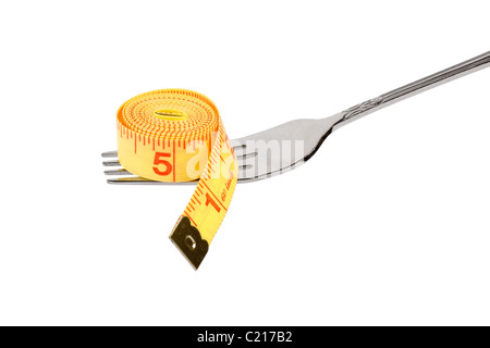 Tape Measure and fork, concept of diet Stock Photo