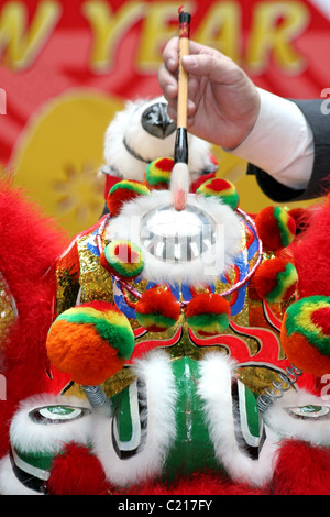 Eye Dotting Ceremony for lion dancing in chinese new year Stock Photo