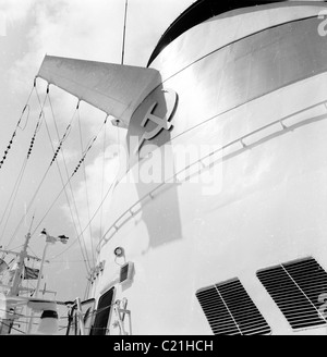 1950s, Ship. Funnel on a Russian cruise ship showing the hammer and sickle symbol in this historical picture by J Allan Cash. Stock Photo