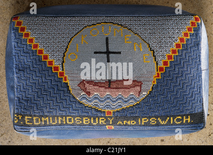 St Edmundsbury Cathedral, Bury St Edmunds, Suffolk, England. Kneeler  embroidered with names of churches in the diocese Stock Photo