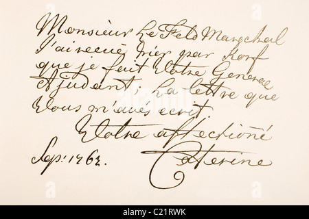 Empress Catherine II of Russia, known as Catherine the Great, 1729 - 1796. Hand writing sample. Stock Photo