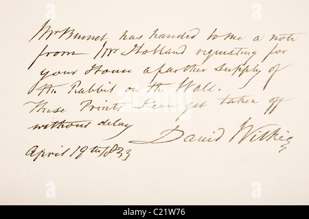 Sir David Wilkie, 1785 – 1841. Scottish painter Hand writing sample. Stock Photo