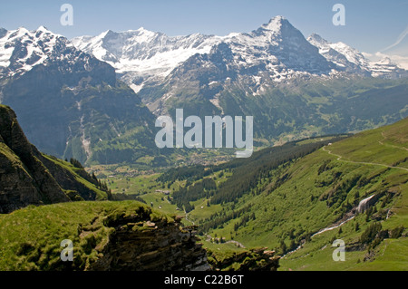 Impressive panorama of Swiss Alpine peaks, including the Eiger and Jungfrau, seen from the path near First Stock Photo
