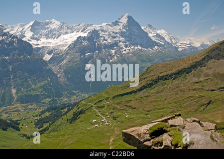 Impressive panorama of Swiss Alpine peaks, including the Eiger and Jungfrau, seen from the path near First Stock Photo