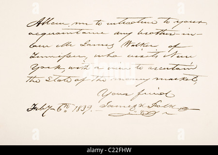 James Knox Polk, 1795 - 1849. 11th President of the United States of America. Hand writing sample. Stock Photo