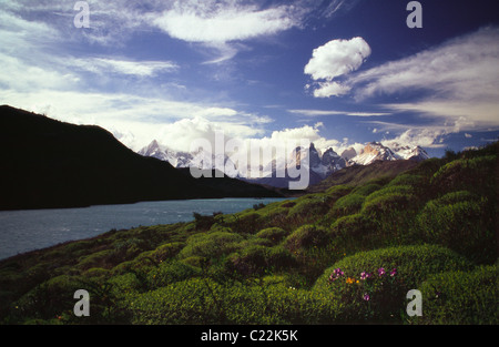The granite columns of the Torres del Paine mountain massif, Lago