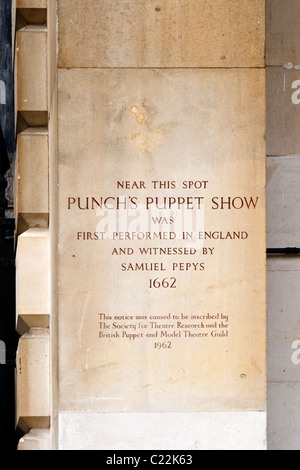London Covent Gardens plaque or inscription commemorating memorial to the 1st Punch & Judy puppet puppets show as recorded by Samuel Pepys in 1662 Stock Photo