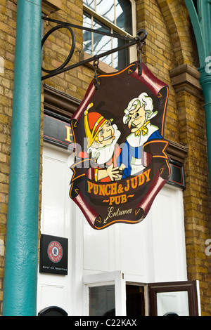 London Covent Garden Punch & Judy pub or bar hanging sign , marking site of first recorded show in 1662 built by Courage in 1787 Stock Photo