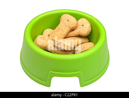 Green bowl of bone-shaped dog biscuits, isolated on white background with clipping path Stock Photo