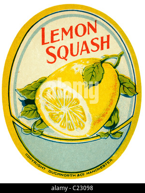 Old paper pop label for Lemon Squash Copyright from Duckworth and Co Manchester. EDITORIAL ONLY Stock Photo