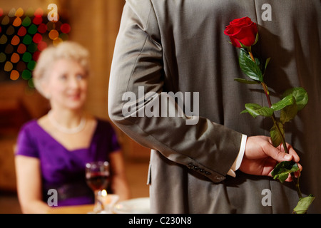 Rear view of man holding red rose in hand on background of intrigued female Stock Photo