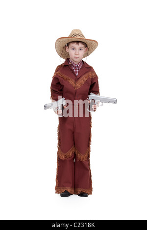 boy dressed as a cowboy with pistols on a white background Stock Photo