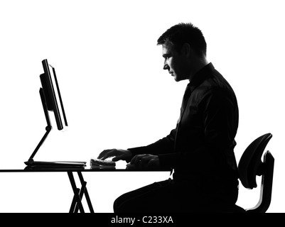 silhouette caucasian business man computing expressing behavior full length on studio isolated white background Stock Photo