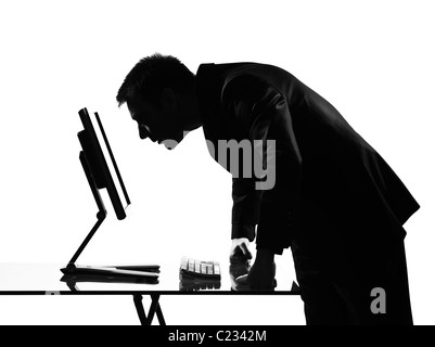 silhouette caucasian business man computing expressing behavior full length on studio isolated white background Stock Photo