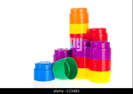 Colorful plastic baby toys isolated over white Stock Photo