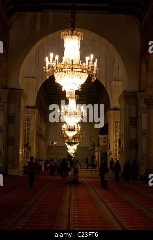 Chandeliers and Prayer Hall of Umayyad Mosque, Great Mosque of Damascus, Syria Stock Photo