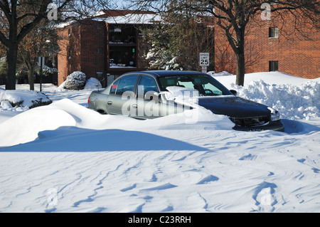 blizzard conditions swept some vehicles clean while sculpting large snowdrifts around them with 20 inches of snow. Bartlett Illinois, USA. Stock Photo