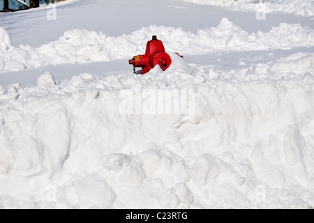 Midwestern blizzard dumped heavy snow fall buried fire hydrants which have to be located and dug out of snowdrifts Bartlett Illinois, USA. Stock Photo