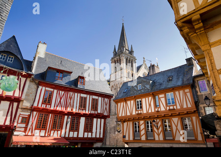 Vannes, Morbihan, Brittany, France, Europe: Place Henri IV square with medieval half timbered buildings and cathedral.
