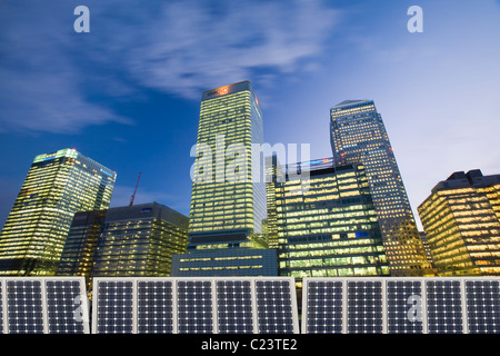 Banking and financial sector buildings at Canary Wharf in London UK with solar panels Stock Photo