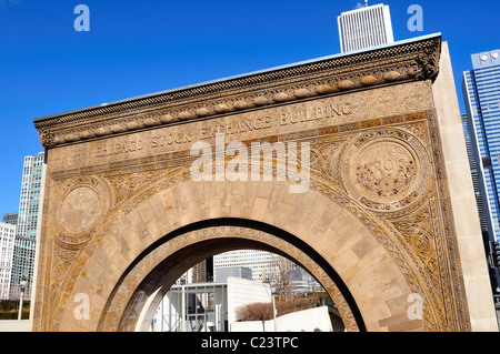 The arch from the Chicago Stock Exchange building, built in 1893 rests outside the Art Institute of Chicago. Chicago, Illinois, USA. Stock Photo