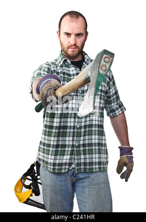 portrait of caucasian lumberjack on white background Stock Photo