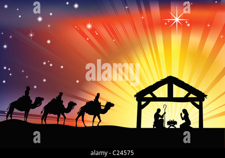 Illustration of traditional Christian Christmas Nativity scene with the three wise men Stock Photo