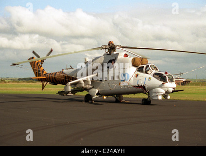 The Mil Mi-24 (Cyrillic: Миль Ми-24, NATO reporting name 'Hind') is a large helicopter gunship (and attack helicopter)[1] and lo Stock Photo