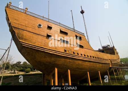 A wooden replica of one of the big ships used by the famous Chinese explorer Zheng He in the shipyard in Nanjing. Stock Photo