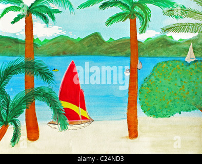 A red and yellow striped sailboat is seen relaxing on a Virgin Island tan sand beach in this exotic location. Art painting of a sunny tropical beach Stock Photo