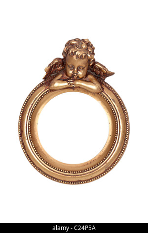 Oval baroque gold frame with cupid isolated on white Stock Photo