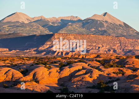 The La Sal Mountain Range as seen from Slickrock trail outside Moab, Utah, USA. Stock Photo